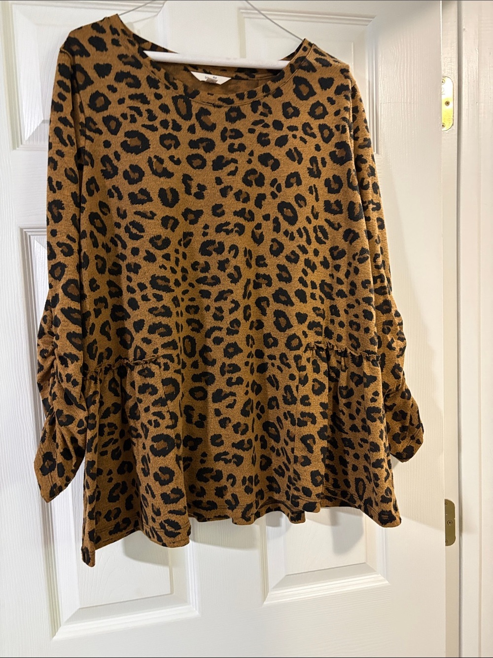 Leopard Print Peplum Long-Sleeve Top - Brown/Black Animal Print